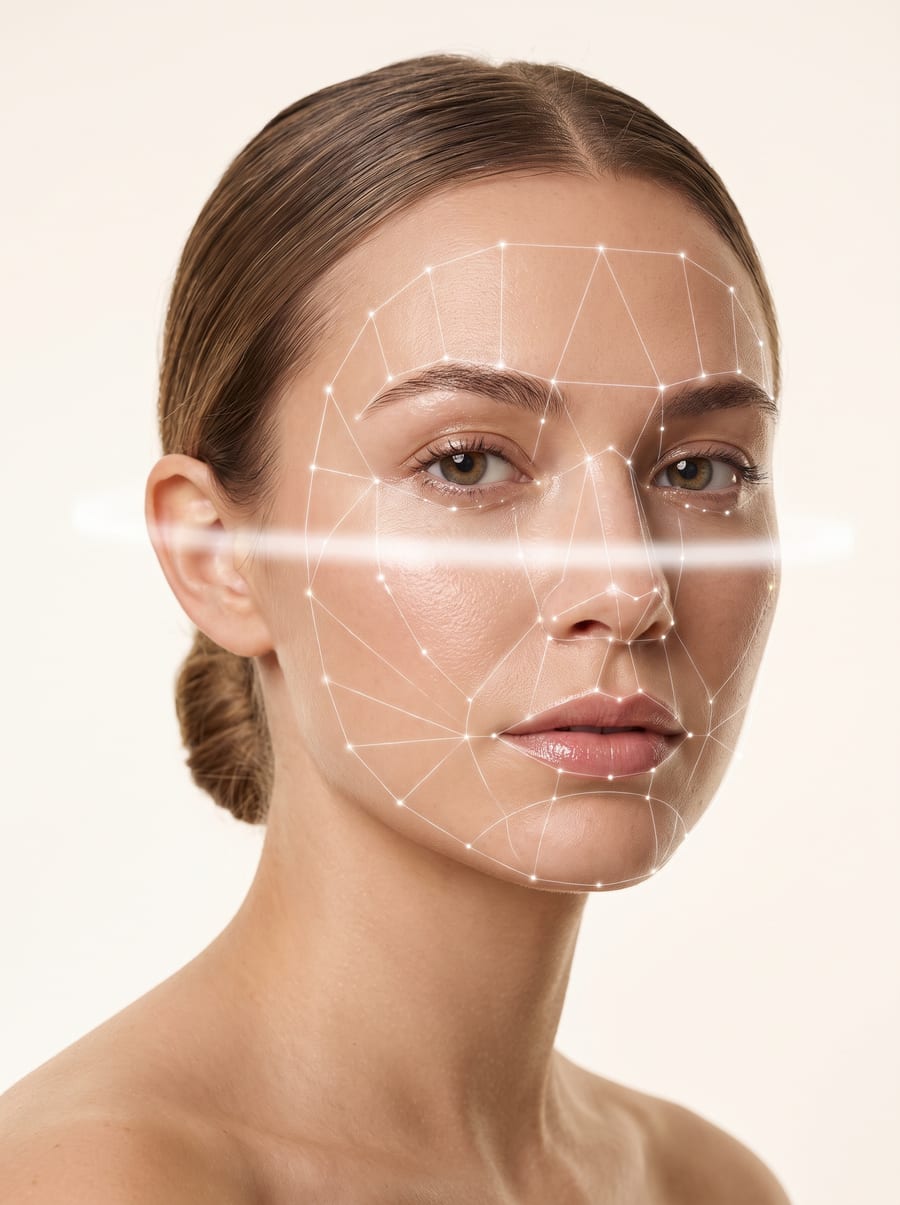 Woman looking at the camera with a light face-scan mesh overlay